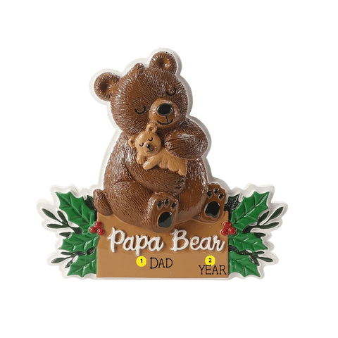 Personalized Papa Bear ornament with a name and year added below the raised Papa Bear lettering on the tan base.