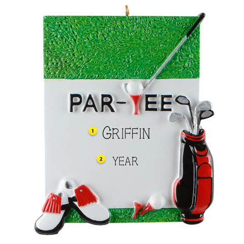 Golf-themed ornament with 'PAR-TEE' and golf club design on a green and white background
