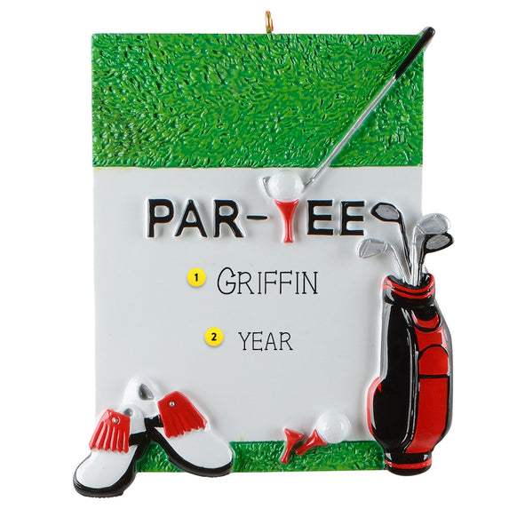 Golf-themed ornament with 'PAR-TEE' and golf club design on a green and white background