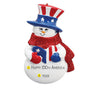 Snowman ornament with American flag design and red, white, and blue colors on a white background