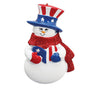 Snowman ornament with American flag design and patriotic hat on a white background