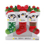 Personalized penguin stocking family of three ornament with names, phrase, and year placement shown.