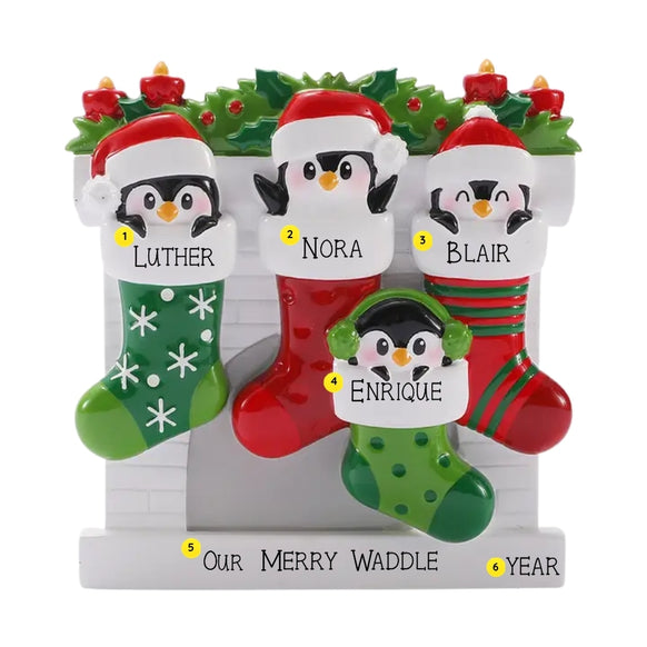 Personalized penguin stocking family of four ornament with names, phrase, and year placement shown.