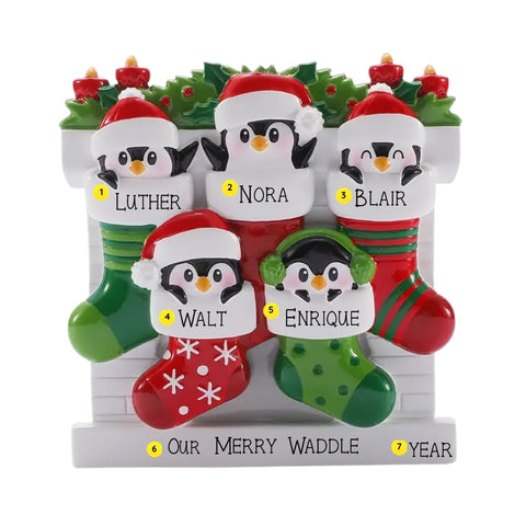 Personalized penguin stocking family of five ornament with names, phrase, and year placement shown.
