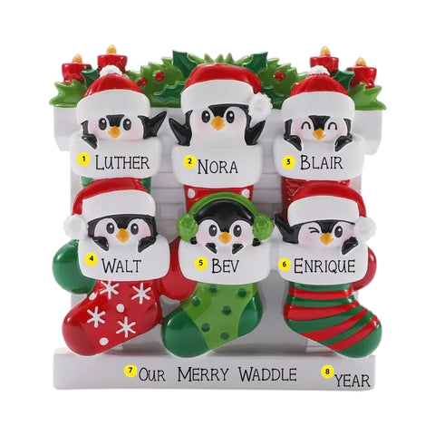 Personalized penguin stocking family of six ornament with names, phrase, and year placement shown.