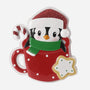 Penguin in a red cocoa mug ornament with a green scarf, red glitter Santa hat, candy cane handle, and star cookie accent.