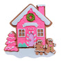 Decorative gingerbread house with pink walls, white roof, and gingerbread men on a white background