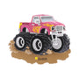 Personalized pink monster truck ornament with a name on the muddy base and year on the truck bed.