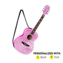 Personalized pink sparkle acoustic guitar ornament with black strap, star accents on the neck, and options for a name and year.