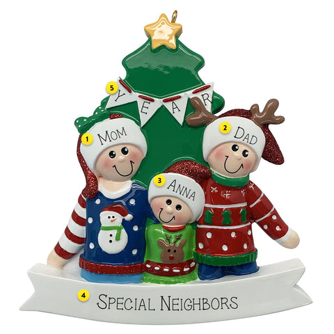Personalized Christmas ornament with three people in front of a Christmas tree, each wearing a different sweater.