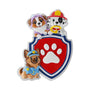Three rescue dogs pose around a red and blue shield with a white paw print, including a police dog, firefighter dog, and pilot dog.