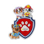 Puppy rescue squad ornament personalized with a name on the large paw pad and a year spread across the four smaller paw pads on the shield.