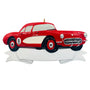 Red and white classic car ornament on a white background