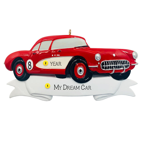Red classic car ornament on a white background