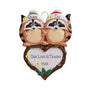 Two raccoons with personalized names on a heart-shaped ornament  can be personalized.