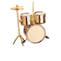 Gold drum set ornament with cymbal, drumheads, and hanging cord