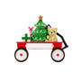 Red Christmas wagon ornament filled with a decorated tree, wrapped gifts, and a teddy bear.