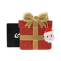 Red glitter gift box money holder ornament with a gold bow, gold ribbon, Santa face charm, and a money/card slot.