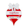 Personalized red heart nephew ornament with white bow, white banner, and space for a name or year on the front.