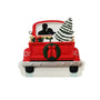 Personalized red holiday truck couple ornament with Christmas tree, gifts, wreath, and blank snow base