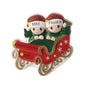 Personalized red sleigh ornament for two with names on the Santa hats, a short phrase on the sleigh, and space for a year.