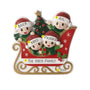 Personalized red sleigh family ornament for four with names on the Santa hats, a family name on the sleigh, and space for a year.