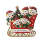 Personalized red sleigh family ornament for five with names on the Santa hats, a family name on the sleigh, and space for a year.