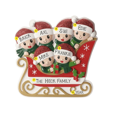 Personalized red sleigh family ornament for six with names on the Santa hats, a family name on the sleigh, and space for a year.