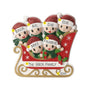 Personalized red sleigh family ornament for six with names on the Santa hats, a family name on the sleigh, and space for a year.