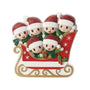 Red sleigh family ornament for six with glitter Santa hats, green scarves, holly accents, and gold runners.