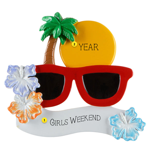 Decorative ornament with sunglasses, palm tree, and flowers on a white background