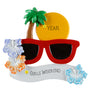 Decorative ornament with sunglasses, palm tree, and flowers on a white background