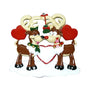 Reindeer couple ornament with two reindeer under mistletoe, red heart accents, collars with bells, and a white snow base.