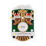 Personalization example alt: Two-reindeer Christmas train ornament personalized with two names on the Santa hats, a year on the train front, and “I Choo-Choose You” on the white banner.