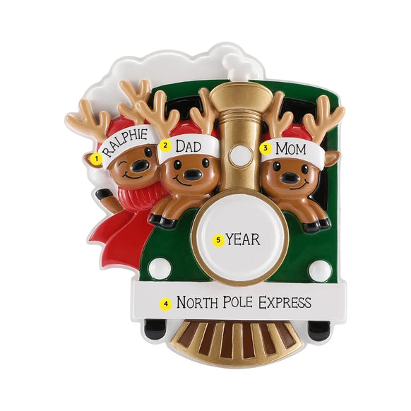 Three-reindeer Christmas train ornament personalized with three names on the Santa hats, a family phrase on the white banner, and a year on the train front.
