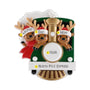 Three-reindeer Christmas train ornament personalized with three names on the Santa hats, a family phrase on the white banner, and a year on the train front.