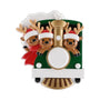 Three Christmas reindeer wearing Santa hats ride in a green holiday train with a gold smokestack, white front banner, and snowy cloud details.