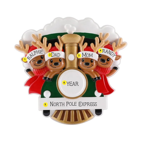 Four-reindeer Christmas train ornament personalized with four names on the Santa hats, a festive phrase on the white banner, and a year on the train front.