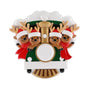 Four Christmas reindeer in Santa hats ride together in a green holiday train with red scarves, gold antlers, and a white front banner.