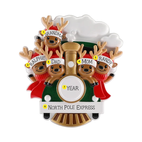 Five-reindeer Christmas train ornament personalized with five names on the Santa hats, a holiday phrase on the white banner, and a year on the train front.