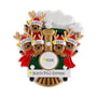 Five-reindeer Christmas train ornament personalized with five names on the Santa hats, a holiday phrase on the white banner, and a year on the train front.
