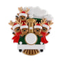 Five Christmas reindeer wearing Santa hats and red scarves ride in a green holiday train with a gold smokestack and white front banner.