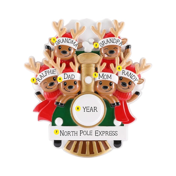 Six-reindeer Christmas train ornament personalized with six names on the Santa hats, a festive phrase on the white banner, and a year on the train front.