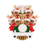 Six Christmas reindeer in Santa hats ride together in a green holiday train with red scarves, gold antlers, snowy clouds, and a white front banner.