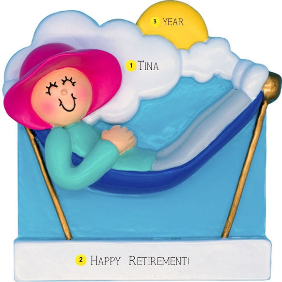 Ornament of a person in a hammock with a cloud above. Personalized with name, year, and a short phrase 'happy retirement'. 