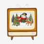 Retro TV Christmas ornament with a snowman, reindeer, decorated tree, and winter scene on the screen.