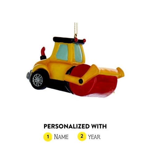Yellow and red personalized road roller Christmas ornament with space for a name and year.