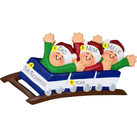 Family of four on a rollercoaster ornament with personalized names and year.