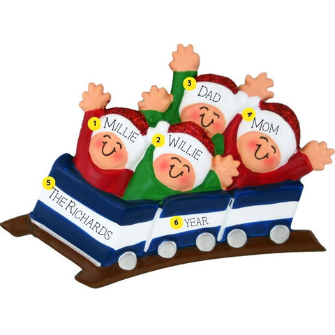 Festive ornament of family riding a rollercoaster wearing santa hats. Persoanlized with names and year on a white background. 