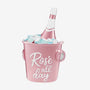 Rosé all day bucket ornament with a pink ice bucket, bottle of rosé, and blue and white ice cubes.